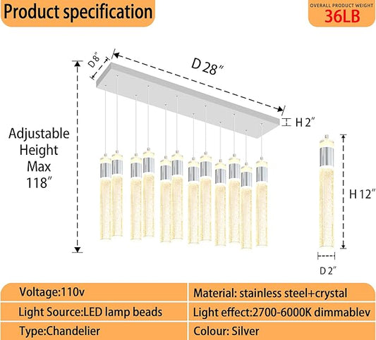 Glam Rectangular Crystal Column Chandelier for High Ceiling 12-Lights Silver LED Dimmable Pendant Light for Kitchen Island Dining Room Entrance Foyer Living Room Adjustable Height
