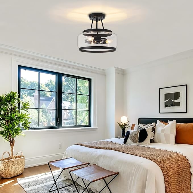 11.81" Black Semi Flush Mount Ceiling Light Fixture Modern Glass Kitchen Lighting Fixtures Ceiling Lights 3-Light Hallway Light Fixtures Drum Entryway Chandelier for Bedroom Foyer Laundry Dining Room