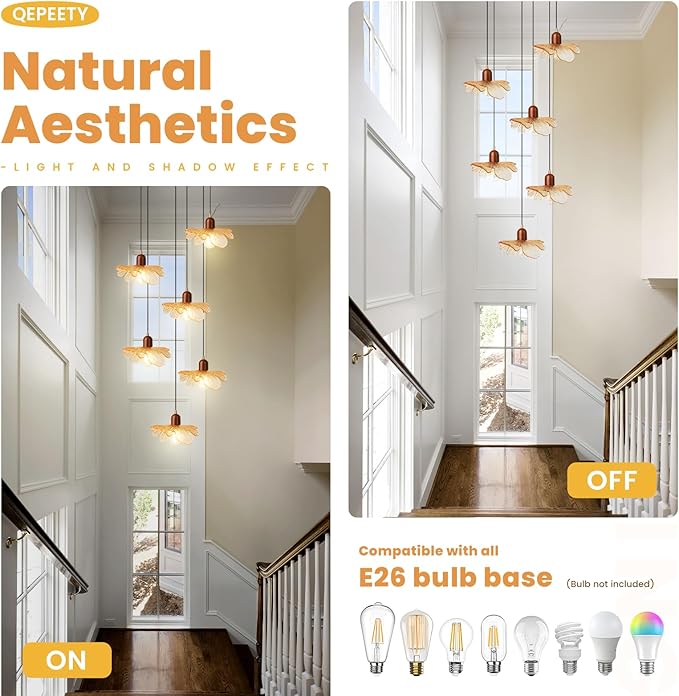 Modern Large Foyer Chandelier High Ceiling Light Fixture, 6-Lights Pendant Light Amber Glass Shade Solid Wood Decor Adjustable Black Hanging Ceiling Lamp for Living Room Bedroom Entryway