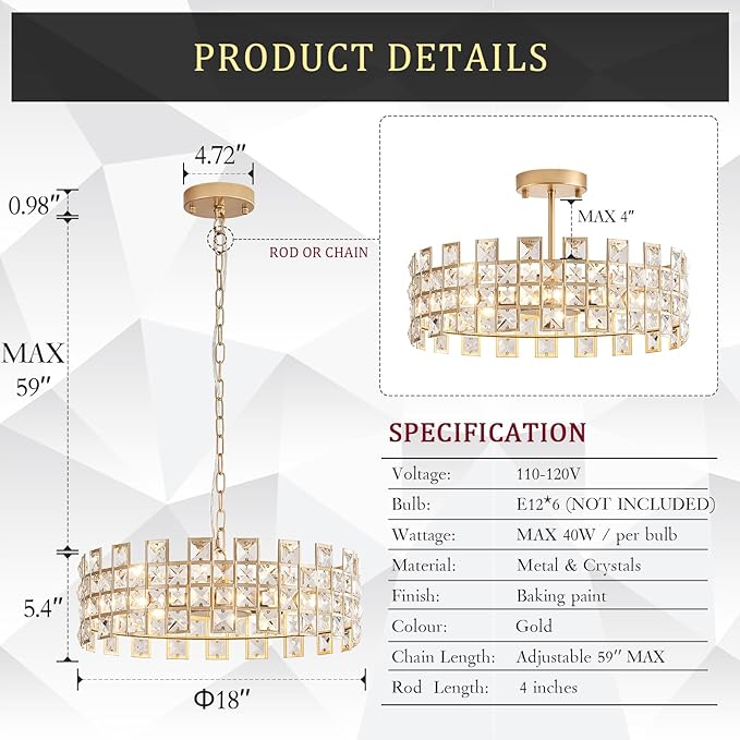 CATINER Gold Crystal Chandelier 18'' Round, Modern 6-Light Semi Flush Mount Ceiling Light, Adjustable Hanging Crystal Pendant Light with G9 Base for Kitchen Island, Dining Room, Bedroom, Entryway