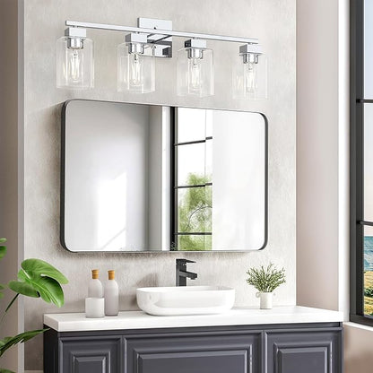 4 Light Bathroom Vanity Light - Chrome Bathroom Light Fixtures Square Design & UL Certification, 26 inch Square Bath Room Lights Over Mirror, Vanity Lighting Fixtures for Living Room & Bedroom