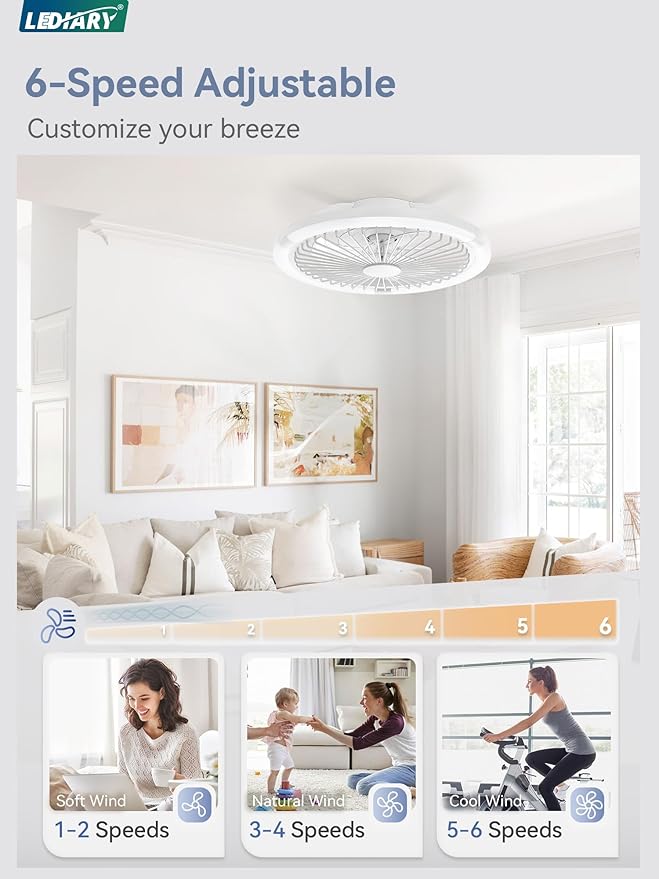 LEDIARY 20" Bladeless Ceiling Fan with Light,Low Profile LED Ceiling Fans with Remote & Smart APP Control,Modern Enclosed Flush Mount Fandelier with Timming,6 Speed,3000-6000K,Bedroom,Kids Room-White