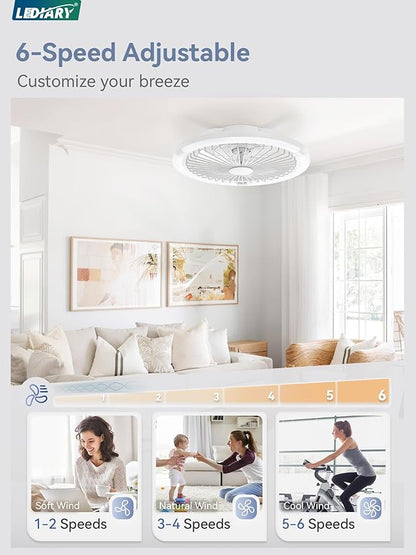 LEDIARY 20" Bladeless Ceiling Fan with Light,Low Profile LED Ceiling Fans with Remote & Smart APP Control,Modern Enclosed Flush Mount Fandelier with Timming,6 Speed,3000-6000K,Bedroom,Kids Room-White