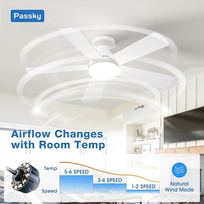 Passky Ceiling Fans with Lights, 42 inch Flush Mount Ceiling fan with Remote Control, Low Profile Ceiling Fan for Bedroom, Farmhouse, Reversible, 3CCT, Dimmable, Noiseless DC Motor, White