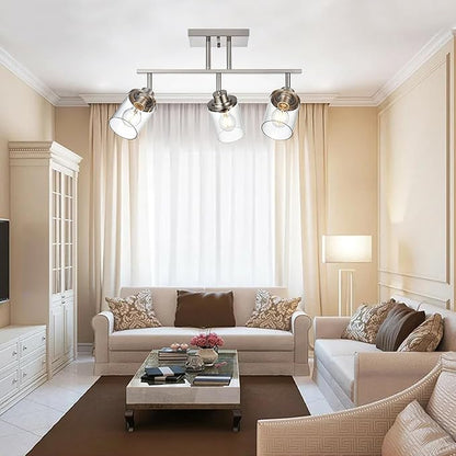 Track Lighting Fixtures 3 Light Directional Ceiling Lights with Adjustable Track Heads, Brushed Nickel Bathroom Vanity Light with Clear Glass Shade