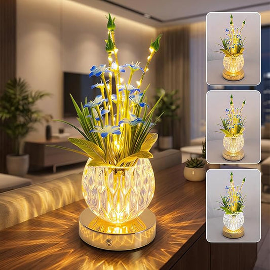 Flower Table Lamp, Mini Lily Table Decor with 3 Colors Dimmable, Artificial Flowers Night Light, Rechargeable Glass Lamp Small Desk Lamp for Party Holiday Home Decoration (Blue - Lily)