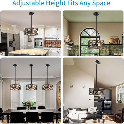 XINGQI Farmhouse Drum Pendant Light Modern 3-Light 13" Chandeliers for Dining Room, Vintage Retro Metal Hanging Light Fixtures for Entryway, Bedroom, Matte Black + Wood Grain Finish