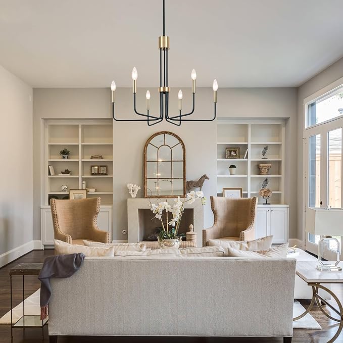 Modern Black and Gold Chandelier,6-Light Farmhouse Chandelier for Dining Room Light Fixtures Ceiling Hanging Industrial Chandelier Light Fixture for Kitchen Living Room Bedroom Entryway