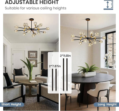 Sputnik Chandeliers with16-Light,Modern Black and Gold Crystal Chandelier, Mid Century Ceiling Light Fixture for Dining Room, Kitchen Island,Foyer,Living Room,Bedroom
