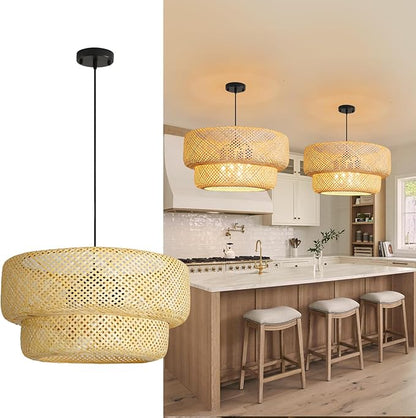 23.62” Farmhouse Bamboo Chandelier 4-Lights Large Hand-Woven Rattan Pendant Light Boho Wicker Dining Room Lights Fixtures for Living Room Bedroom Restaurant Cafe Kitchen Island