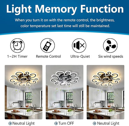 29" Black Flower Modern Ceiling Fan with Lights Remote Control, Low Profile Ceiling Fan with Light for Kitchen Bedroom Living Room
