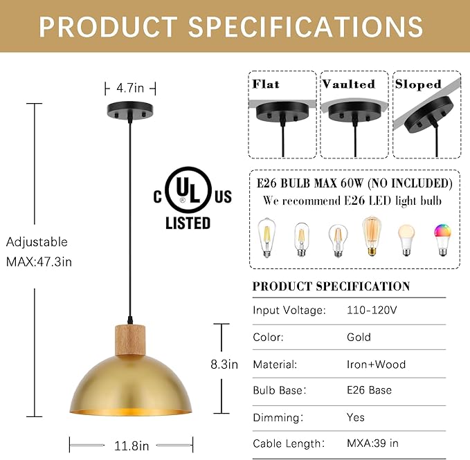Gold Pendant Light, 11.8" Wood Pendant Lights Fixtures Adjustable Modern Dome Hanging Lighting,for Kitchen Island Dining Room Farmhouse Sink Office Bedroom