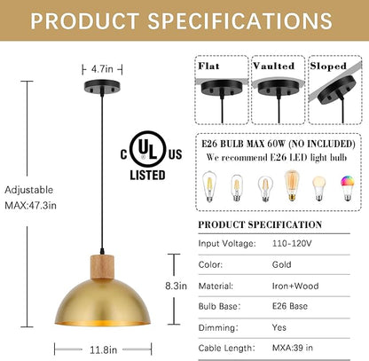 Gold Pendant Light, 11.8" Wood Pendant Lights Fixtures Adjustable Modern Dome Hanging Lighting,for Kitchen Island Dining Room Farmhouse Sink Office Bedroom