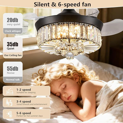 DuMaiWay 30" Chandelier Ceiling Fan with Light Crystal Fandelier Modern Reversible Ceiling Fan Dimmable Retractable Timer Remote APP Control for Dining Living Room Bedroom Black