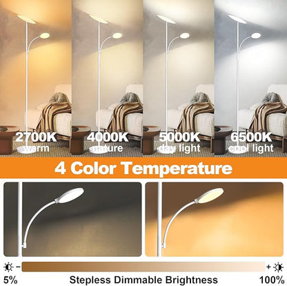 marctronic White Floor Lamps for Living Room, 44W/4500LM Super Bright 2 in 1 LED Floor Lamp with Remote, Stepless Dimmable, 69" Tall Standing Floor Lamp with Bendable Reading Light for Bedroom Office