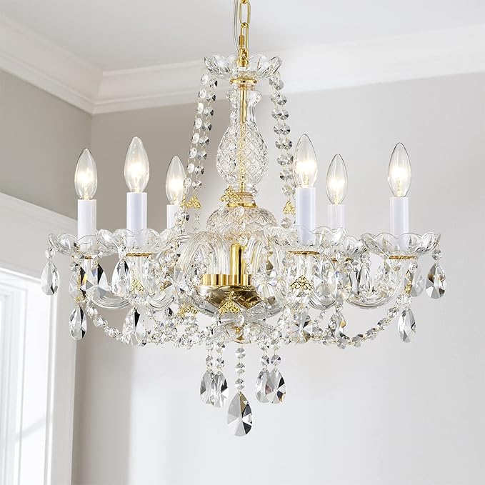 AGV LIGHTING CH003 K9 Crystal Chandeliers, French Classic Style Light Fixture, 6-Lights, D22 x H20, Adjustable Chains 59", Shinny Gold Finish Frame