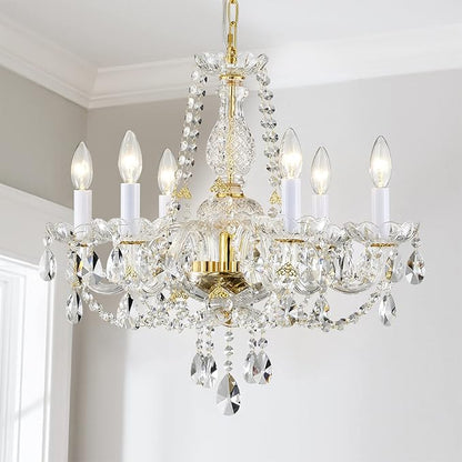 AGV LIGHTING CH003 K9 Crystal Chandeliers, French Classic Style Light Fixture, 6-Lights, D22 x H20, Adjustable Chains 59", Shinny Gold Finish Frame