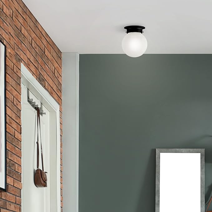 Design House Millbridge Globe 6 Inch Diameter Indoor Ceiling Light Fixture, for Bedroom, Hallway, Closet & Dining Room, Alabaster Glass, Matte Black, 588483