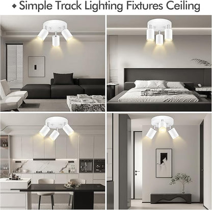 3 Light Track Lighting Fixtures Ceiling, Matte White Round Directional Ceiling Spotlight, GU10 Flush Mount Track Fixture, Adjustable Modern LED track Lights for Kitchen/Living Room, Bulb Not Included