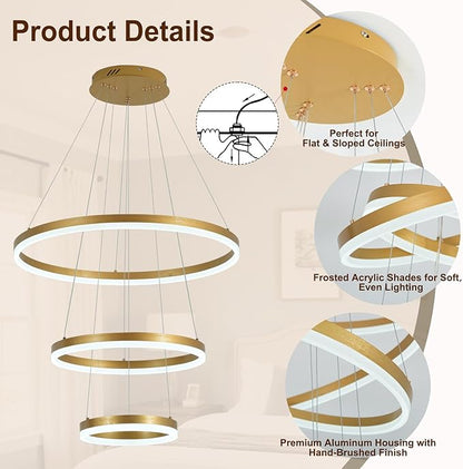 3 Rings Modern LED Chandelier Gold High Ceiling Ring Chandeliers with Remote Control Circular Pendant Light Dimmable for Dining Room Living Room Bedroom Foyer Entryway 3000K-6500K