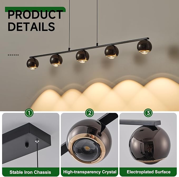 ORANOOR Modern LED Pendant Lights, Dimmable 47in Linear Globe LED Chandelier Lighting, Black & Gold Dining Room Hanging Light Fixtures Kitchen Island 5-Globe Pendant Light for Dining Table (3150lm)