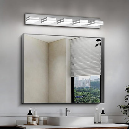 Modern LED Bathroom Lights Fixtures 5-Light,Stainless Steel Chrome Acrylic Wall Lighting,Vanity Lights for Bathroom Over Mirror 6000k 34in