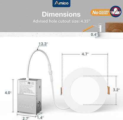 Amico 12 Pack 4 Inch 5CCT Ultra-Thin LED Recessed Dimmable Can/Ceiling Light with Junction Box, 2700K/3000K/3500K/4000K/5000K Selectable, 11W Eqv 70W, 800LM High Brightness Wafer Downlight - ETL&FCC