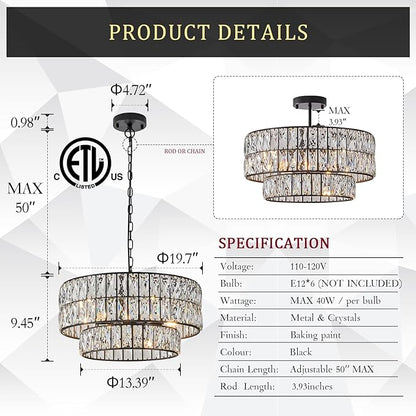 CATINER Black Crystal Chandelier 6-Lights Luxury Crystal Pendant Chandelier 20'' Drum Semi Flush Mount Ceiling Lights for Dining Room Foyer Living Room Bedroom Kitchen