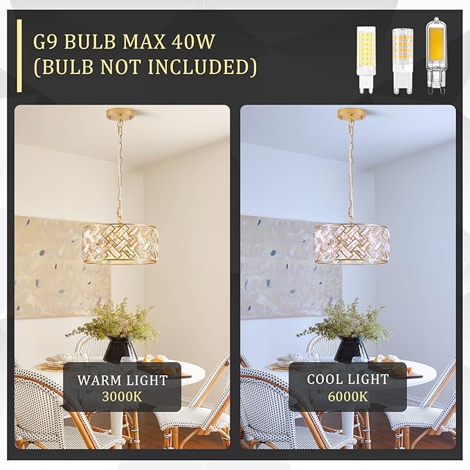 Modern Gold Crystal Chandeliers, Small Semi Flush Mount Chandelier 4-Ligh 12'' Drum Crystal Pendant Light Fixture for Foyer Entryway Kitchen Hallway Dining Room