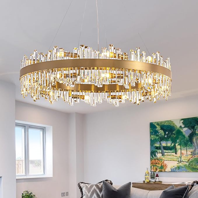 D39.4'' Large Crystal Chandelier, 20-Light Modern Gold 2-Tiers Crystal Raindrop Chandelier, Luxury Round Flush Mount Ceiling Light for Dining Living Room Kitchen Island Entryway Foyer