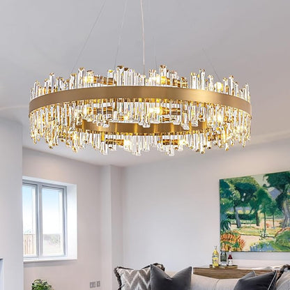 D39.4'' Large Crystal Chandelier, 20-Light Modern Gold 2-Tiers Crystal Raindrop Chandelier, Luxury Round Flush Mount Ceiling Light for Dining Living Room Kitchen Island Entryway Foyer