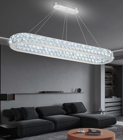 47'' Modern Oval Chandelier Crystal Chandeliers for Dining Room Round Ceiling Light Fixture for Living Room Lighting LED Dimmable with Remote Ring Lights Silver