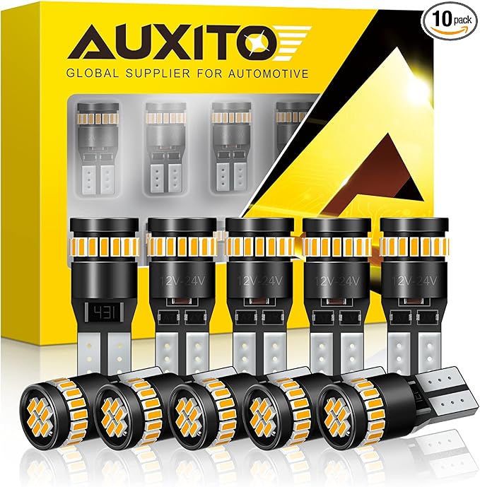 AUXITO 194 LED Light, Amber Yellow 168 2825 W5W T10 Wedge LED Replacement Light Kit Error Free for Car Dome Map Door Parking License Plate Marker Lights, Pack of 10