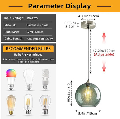 Modern 3-Pack Glass Globe Pendant Lights, Gray Green Modern Pendant Lighting for Kitchen Island, Glass Hanging Lamps for Dining Room Living Room Bedroom, Small 5.9 Inch Fixture (Bulbs Not Included)