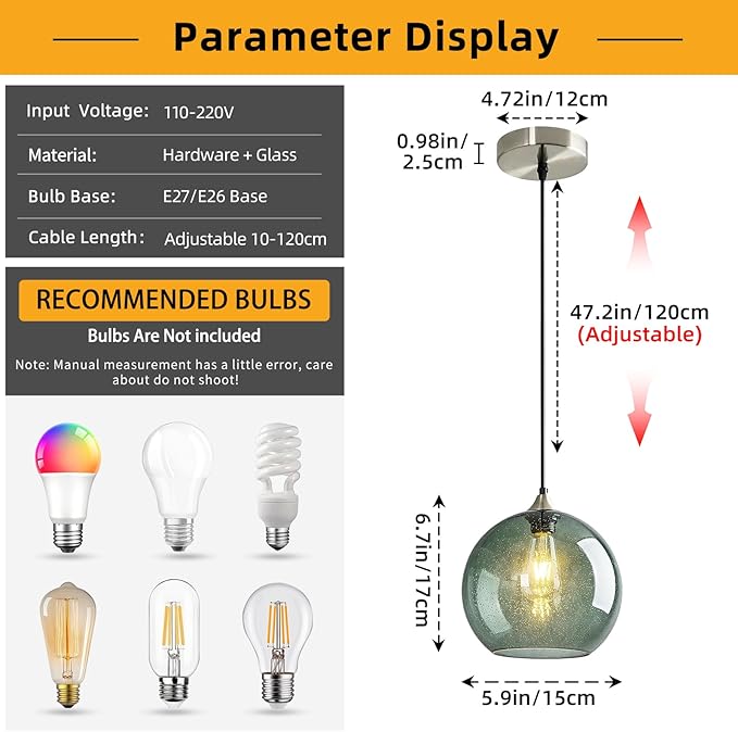 Mikeru Glass Globe Pendant Light Single, 5.9 Inch Gray Green Bubble Glass Hanging Lamp, Mid Century Modern Pendant Lighting for Kitchen Island Dining Room Bedroom (Bulb Not Included)