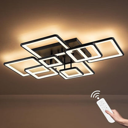 Shine LUEST Modern LED Ceiling Light, Dimmable LED Chandelier Black Flush Mount Ceiling Lights, Remote Control Acrylic Ring Ceiling Lamp Fixture for Living Room Dining Room Bedroom, 8H-FANG-BL-04