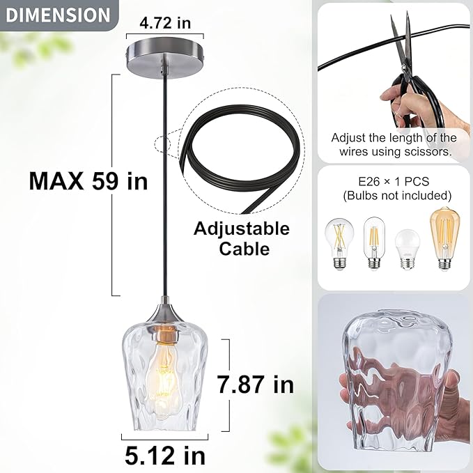 1 Pack 5.1" Small Brushed Nickel Pendant Lights Kitchen Island Lighting with Hammered Glass Shade, Mini Modern Kitchen Pendant Light, Hammered Glass Pendant Light Fixtures for Dining Room Sink
