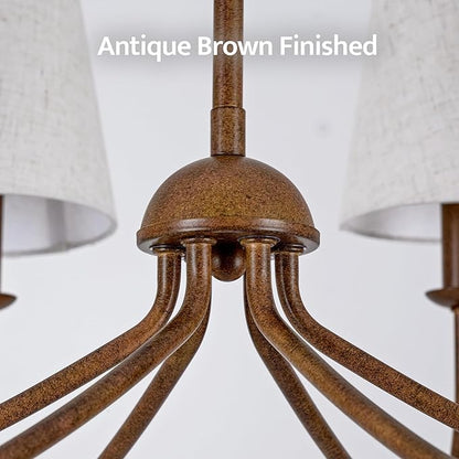 Chandelier, Retro Antique Brown with White Beige Fabric Shade, 6-Light 28" Country Rustic Farmhouse Linear Pendant Lighting Fixture for Kitchen Island Dining Living Room Bedroom