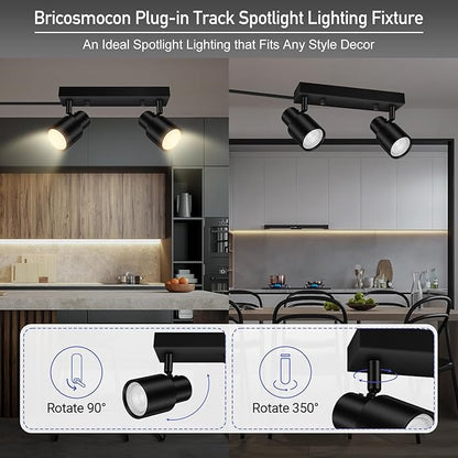 Plug in Track Lighting Fixtures Ceiling, Black Track Light LED, 2-Light Plug in Wall Lights with Cord, 2 Way Ceiling Spotlight, Rocker Switch, Rotatable Spotlight for Bedroom, Bulb Not Included