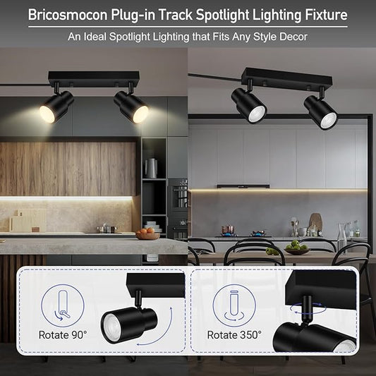 Plug in Track Lighting Fixtures Ceiling, Black Track Light LED, 2-Light Plug in Wall Lights with Cord, 2 Way Ceiling Spotlight, Rocker Switch, Rotatable Spotlight for Bedroom, Bulb Not Included