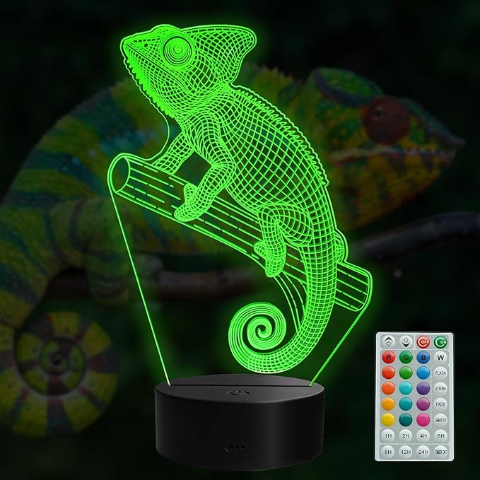 Chameleon Night Light, Lizard Gifts, 3D Illusion Lamp with Remote Control, 16 RGB Colors, 4 Flashing Modes, Timer, Dimmable, Chameleon Toy Accessories for Holiday Birthday Christmas