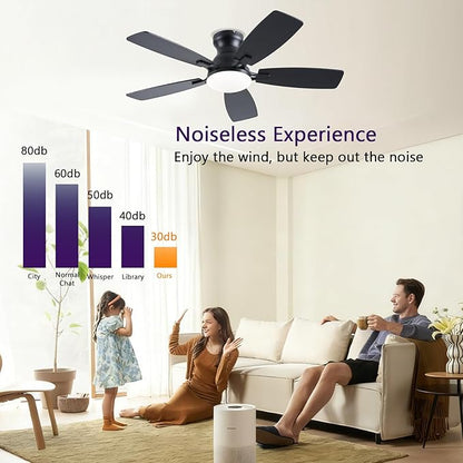 NKPU Ceiling Fans with Lights, Low Profile Ceiling Fan with Light and Remote/APP Control, DC Motor, Noiseless, Flush Mount, 42inch Black Ceiling Fan for Bedroom Indoor/Outdoor Use