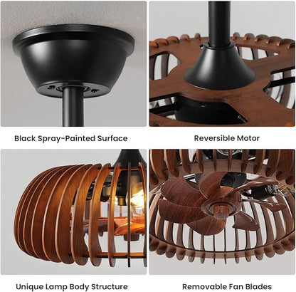 20'' Caged Ceiling Fan with Light, Wooden Low Profile Ceiling Fan with Light and Remote, 6 Speed and Reversible, Farmhouse Fandelier Bladeless Fan Lights for Bedroom, Kitchen