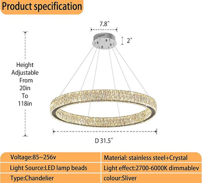 Modern LED Dimmable Crystal Chandelier 31.5" Ring Pendant Light Adjustable Round Chrome Crystal Chandelier Light Fixtures for Dining Room Living Room