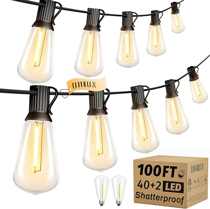 OHLUX Outdoor String Lights 100FT, Dimmable Patio Lights with 62 Shatterproof LED ST38 Vintage Edison Bulbs, 2200K Warm Connectable Hanging Lights for Outside Deck Porch Bistro Gazebos Balcony Garden