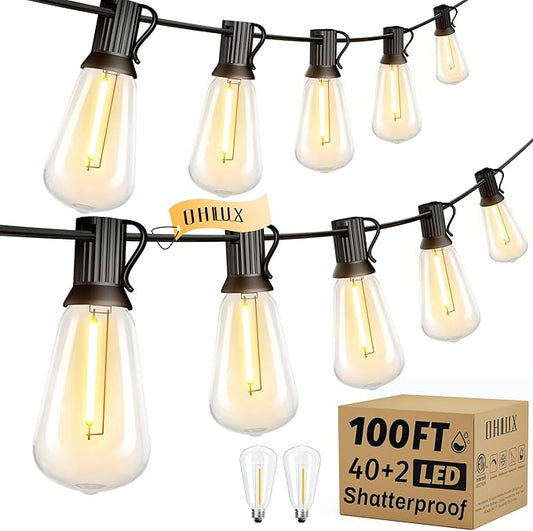 OHLUX Outdoor String Lights 100FT, Dimmable Patio Lights with 62 Shatterproof LED ST38 Vintage Edison Bulbs, 2200K Warm Connectable Hanging Lights for Outside Deck Porch Bistro Gazebos Balcony Garden
