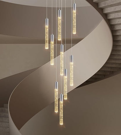 High Ceiling Crystal Chandelier 9-Lights, Spiral Dimmable LED Raindrop Foyer Pendant Light, Bubble Staircase Living Room Hanging Lighting Fixture Chrome