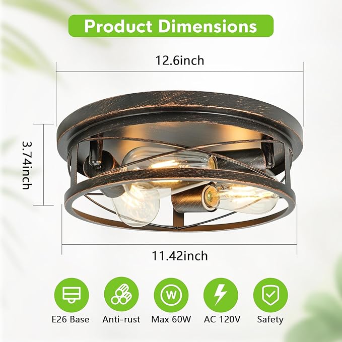 Farmhouse Ceiling Light - Dimmable Rustic Black Flush Mount E26 Industrial Ceiling Modern Led for Hallway Livingroom Kitchen Bedroom (1 Pack - Black Gold, 12 Inch - 3 Lamp Holders)