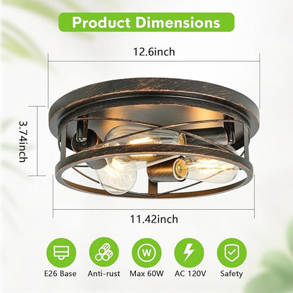 Farmhouse Ceiling Light - Dimmable Rustic Black Flush Mount E26 Industrial Ceiling Modern Led for Hallway Livingroom Kitchen Bedroom (1 Pack - Black Gold, 12 Inch - 3 Lamp Holders)