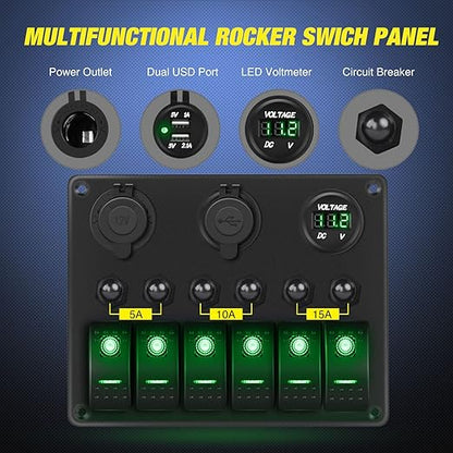 Nilight - 90123F 6 Gang ON Off Rocker Switch Panel Green Backlit 12V24V LED Digital Voltmeter Dual USB Charger Cigarette Lighter Socket Overload Protection Switch Panel For Cars RVs Boats